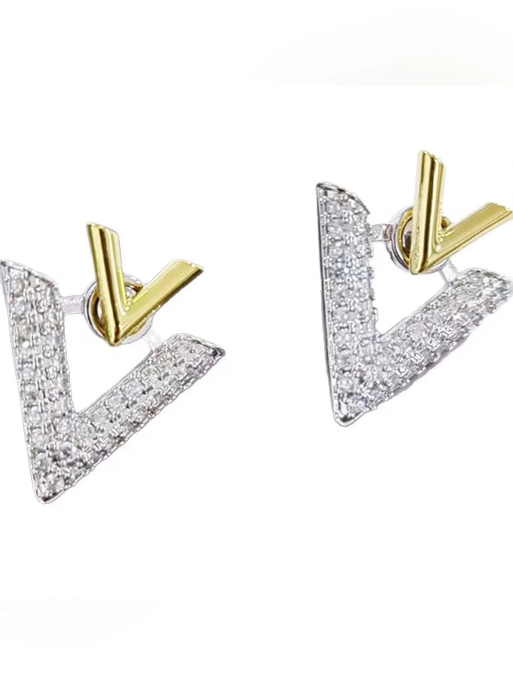 ***New Trendy Two-Tone V-Shape Crystal Stud Earrings - Gold & Silver